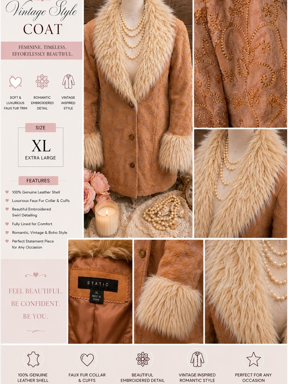Women's Tan Embroidered Leather Jacket with Cream Faux Fur Trim